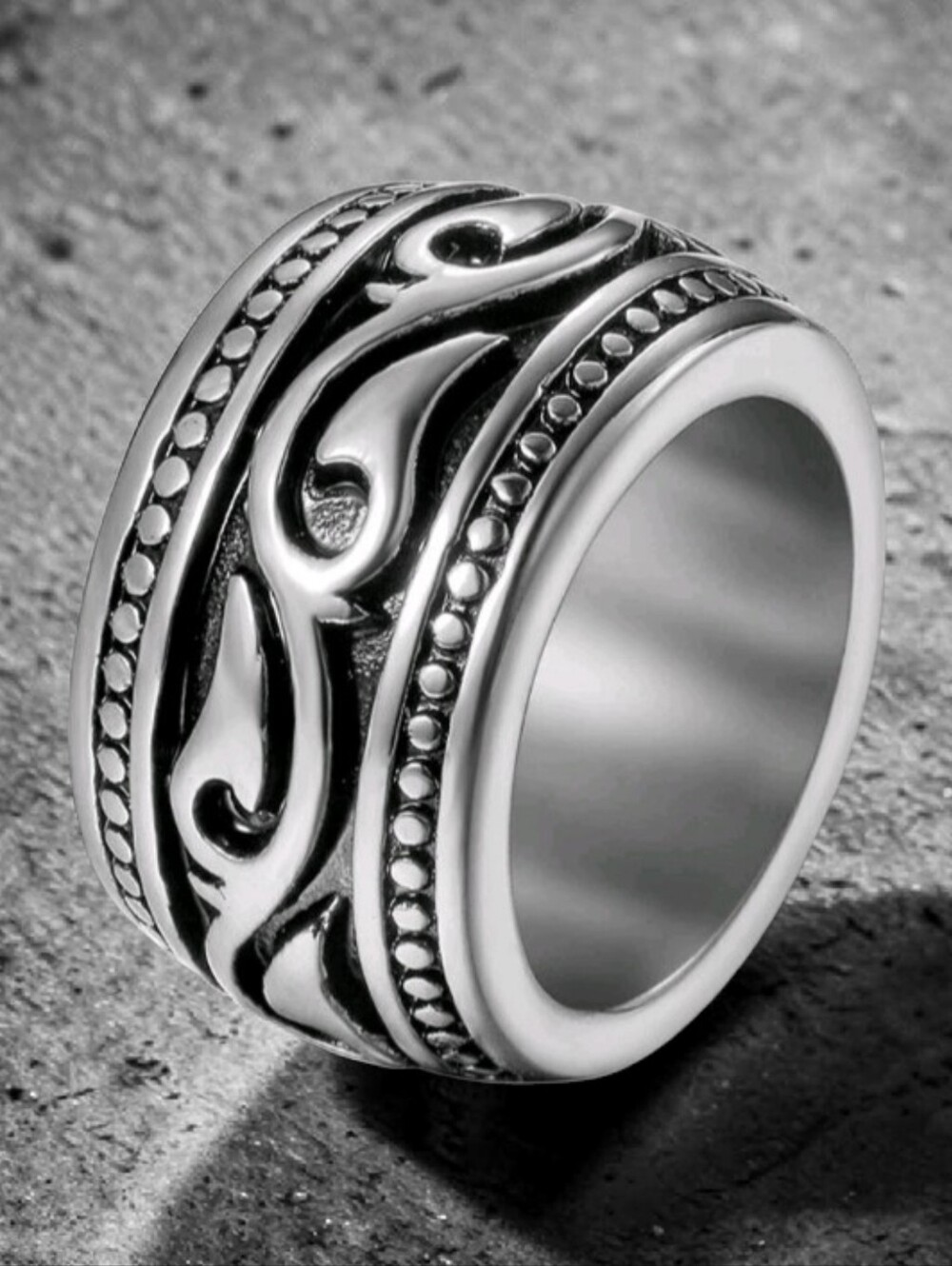 Celtic Engraved Silver-Tone Stainless Steel Scroll Biker Ring Sz 9.5